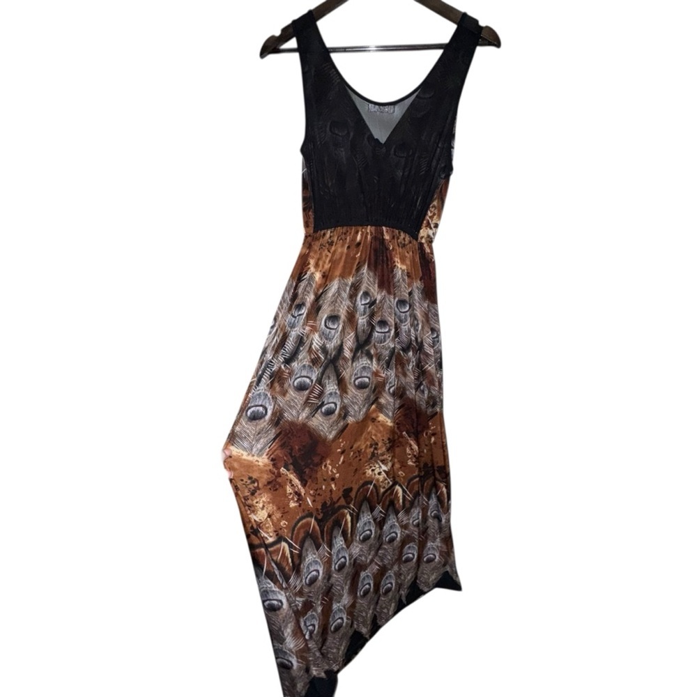 Julia Silk Blend Boho Peacock Feather Maxi Dress Flowing Festival Anthro Vibes - Picture 5 of 7